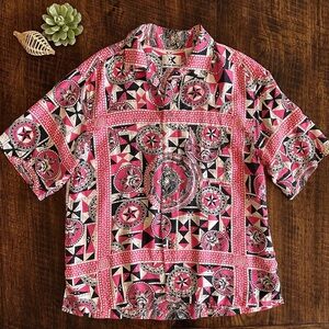 Kriss Kross | Vintage 100% Silk Pink & Black Novelty Print Button Down Blouse
